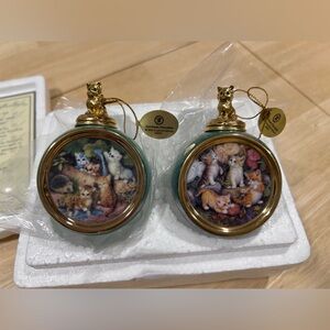 1999 The Bradford Edition kitten heirloom porcelain Gold and Green Cat Ornaments